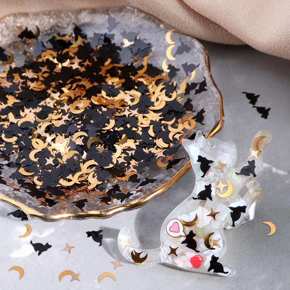 Relleno de Resina Epoxi con Lentejuelas Holográficas de Gato Negro 5g, Escamas de Purpurina de Luna y Estrella, Relleno para Molde de Resina Shaker, Manualidades DIY, Fabricación de Joyas
