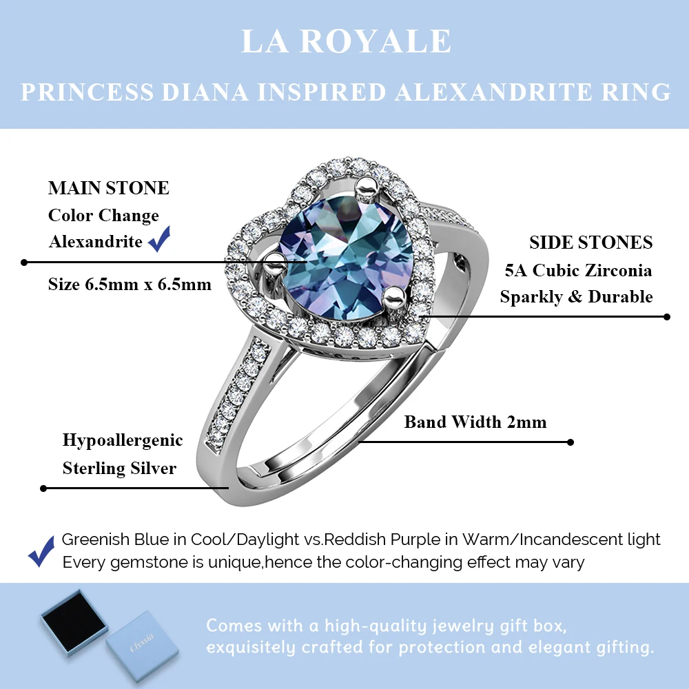 

925 Sterling Silver Heart Shape Alexandrite Jewelry Wedding Engagement Halo Ring for Women Jewelry Purple Stone