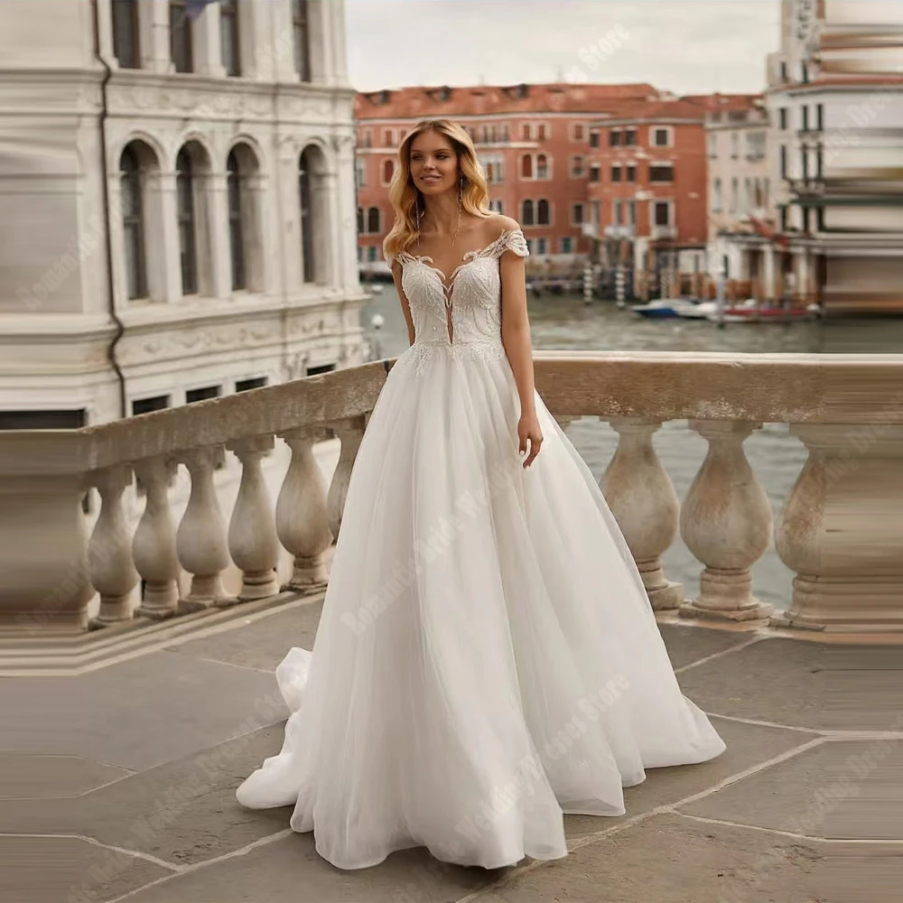 

2025 Round-Neck Women Wedding Dresses Sweetheart Collar Lace Printing A-Line Bridal Gown Mopping Length Princess Ball Customized