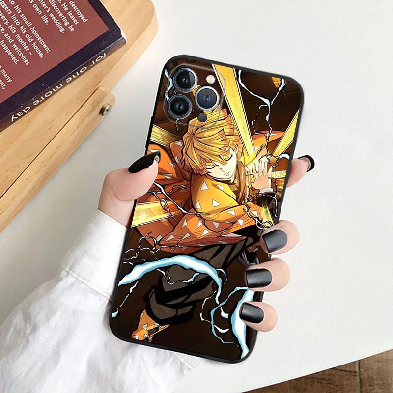 Zachte Telefoon Hoesjes Voor Iphone 16 15 14 13 12 11 Pro Xs Max Mini Xr 7 8 Plus 16pro Agatsuma Zenitsu Demon Slayer Zwart Mat Hoesje