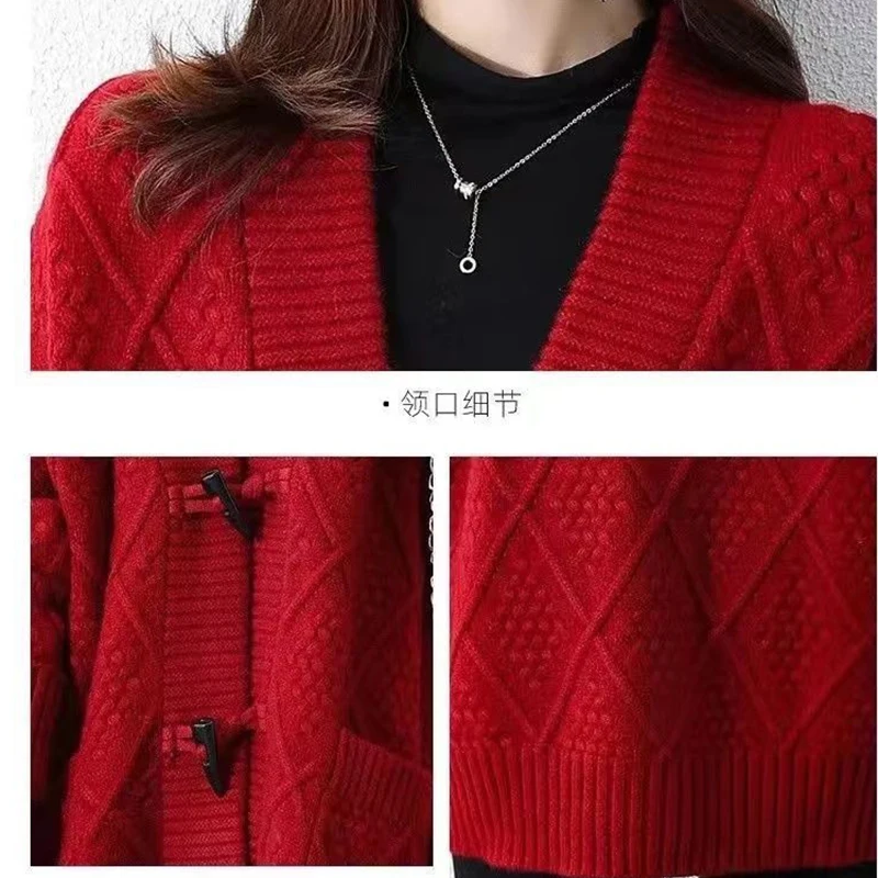 Wool Cardigan Sweater For Womens Autumn V-Neck Red Sweater Mujer Long Sleeve Tops Knitwears Korean Fashion Style New Outerwears