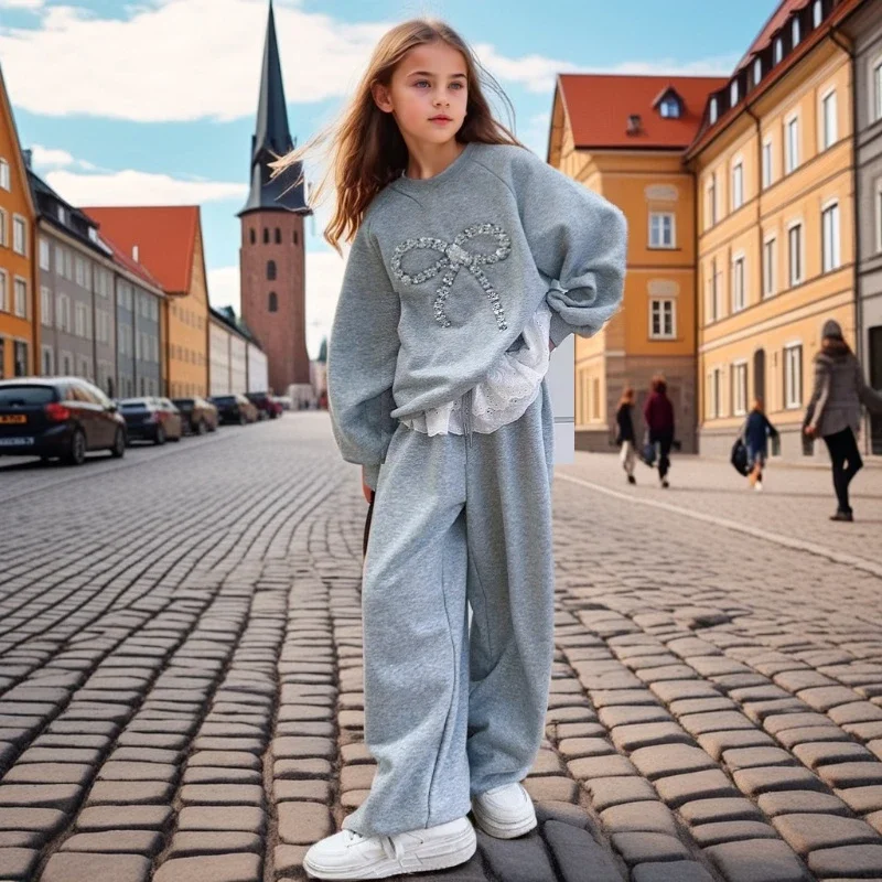 

Girls Clothes Set 2025 Spring New Grey Bow 2pcs Teen Kids Clothing Sweatshirt Lace Sweatpants Fashion Casual Children Outfits