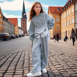 Girls Clothes Set 2026 Spring New Grey Bow 2pcs Teen Kids Clothing Sweatshirt Lace Sweatpants Fashion Casual Children Outfits