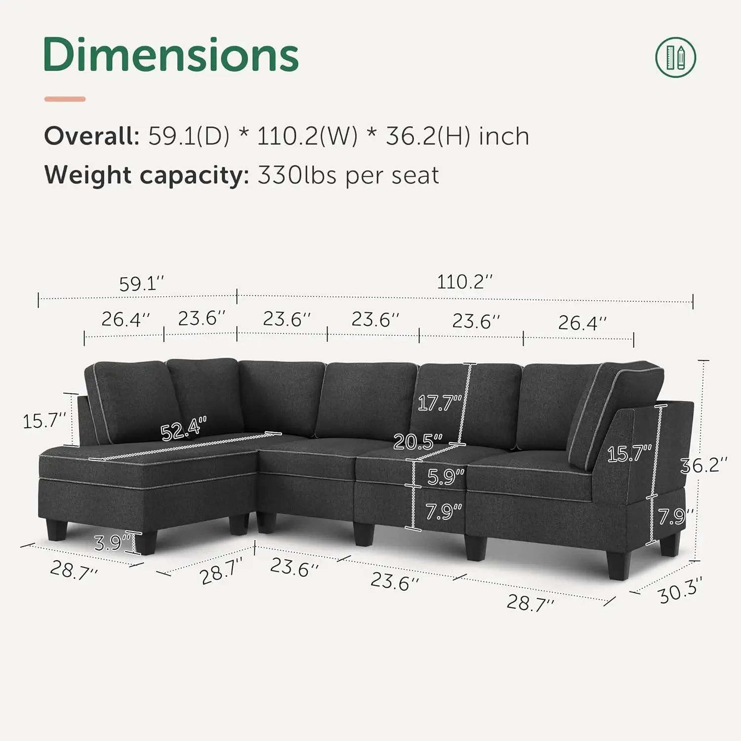 Convertible Sectional Sofa, L Shape Couch with Chaise, Reversible Sectional Couch for Living Room, Dark Grey