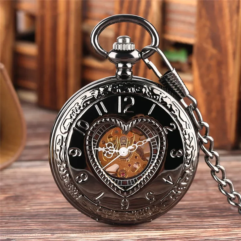 

Retro Black Heart Shape Half Hunter Unisex Handwinding Mechanical Pocket Watch Steampunk Pendant Chain Clock Gift Men Women