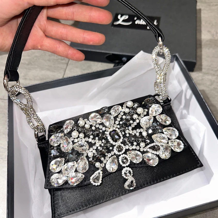 

French Luxury Diamond Sparkling Small Handbag Satin Patchwork Design Crystal Chains Flap Shoulder Bag Women's Party Dinner Bags