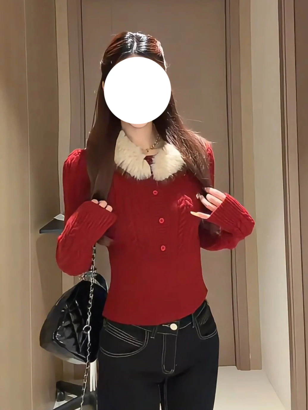 

Ретро-корейский вязаный свитер для женщин, приталенный, с меховым воротником, длинными рукавами, из полиэфирного волокна, теплый, новинка к Новому году