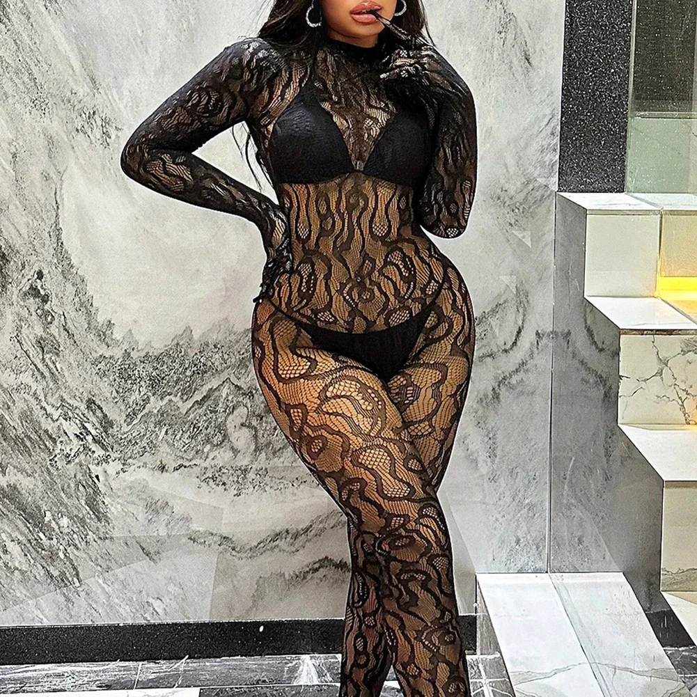 Women Erotic Bodysuit Stocking Fishnet Mesh Romper Club Jumpsuit Sexy See Through Tights Thin Sheer Temptation Underwear