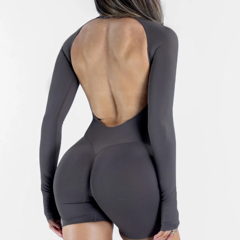 Women's Sexy Backless Long Sleeve Romper Bodycon Jumpsuit Slim Fit Sporty Workout Gym Shorts Bodysuit Activewear 2026