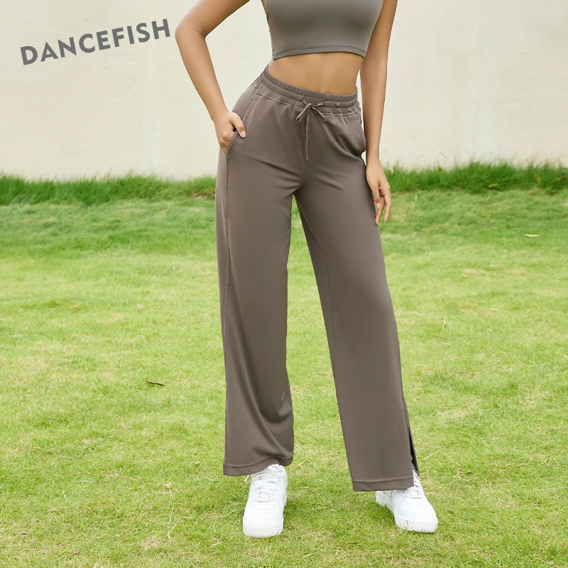 DANCEFISH Loose Straight Drawstring Long Casual Trousers Women's Footmouse Split With Pocket Sportwear Summer Fitness Yoga Pants