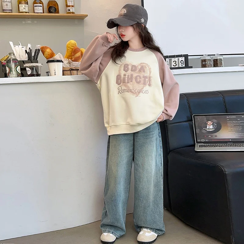 Children's Thermal Sweatshirt for Girl Winter Fashion Fleece Heart Pattern Pink Clothes Kids Thick Warm Velvet Sweatshirt Outfit image 2