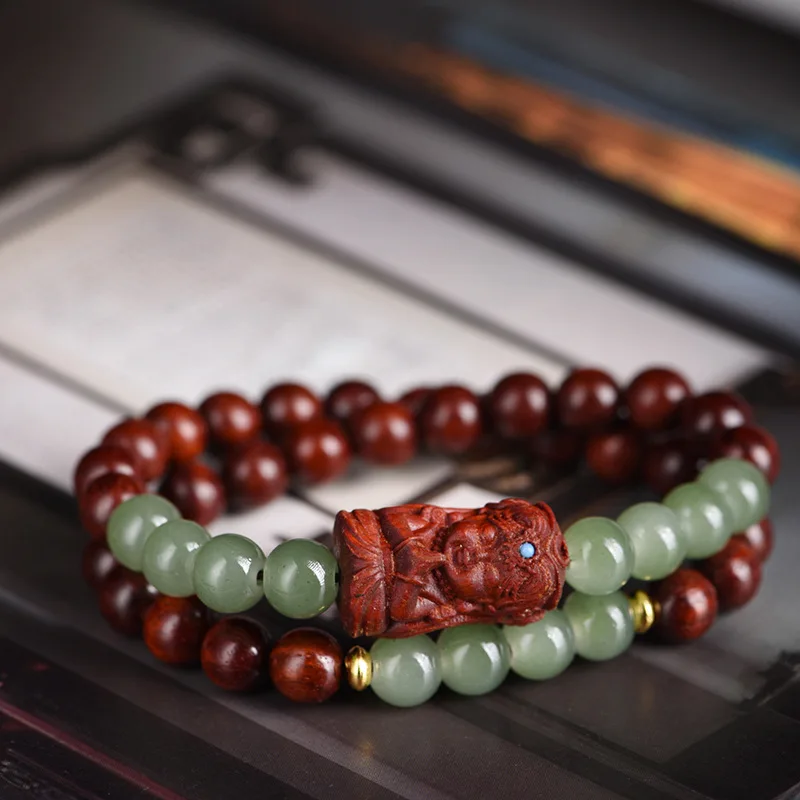 African small-leaf , Zambian blood rosewood 8MM double-loop bracelet, DIY with Dongling jade carving of the Goddess of W