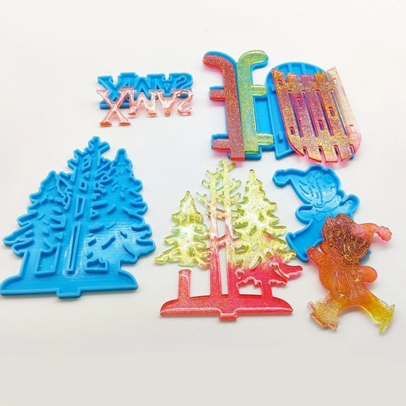 N5KA Christmas Theme Resin Molds Xmas Decoration Elk/Snowman/Forest/Balloon Epoxy Casting Mold for Home Party Table Decor