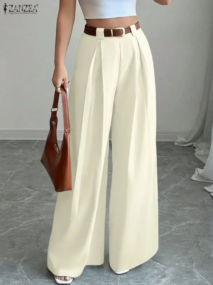 

ZANZEA 2021, модные женские брюки, осенние офисные брюки с высокой талией, элегантные широкие брюки, однотонные плиссированные уличные брюки-палаццо