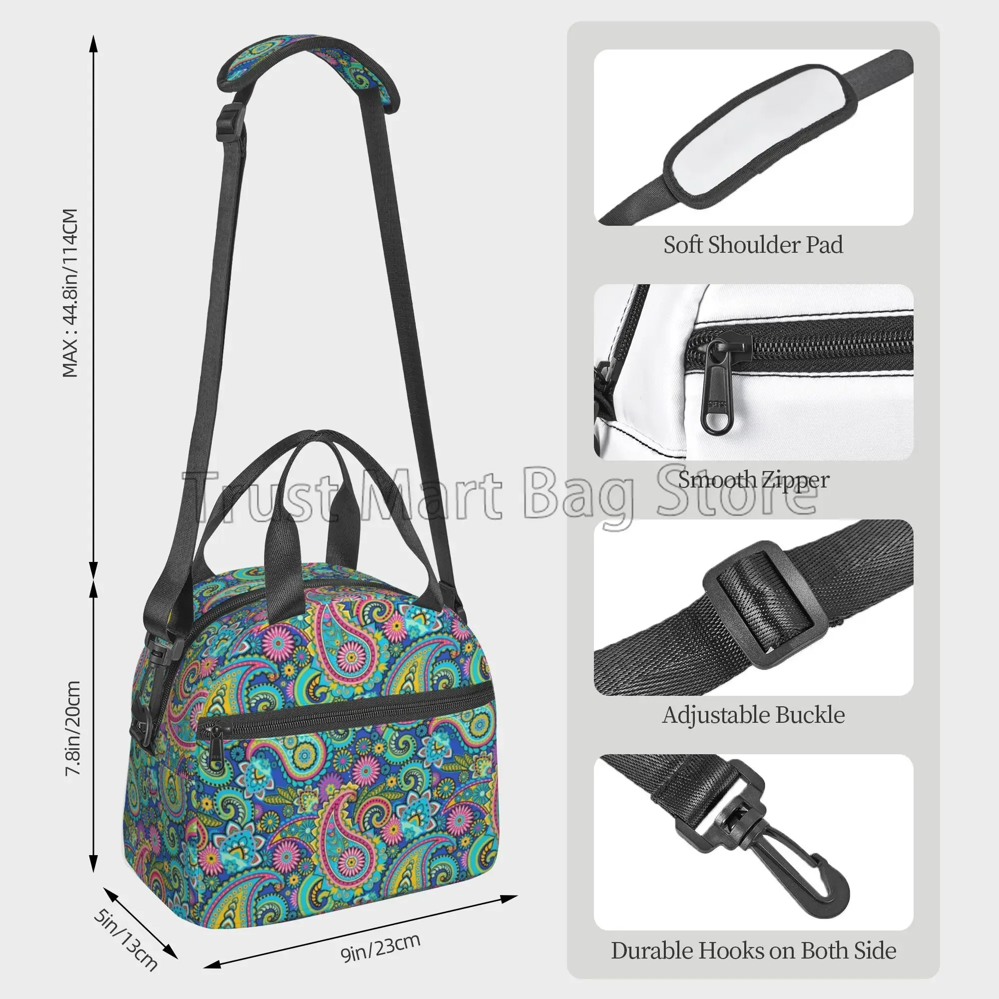 Paisley Pattern Insulated Lunch Bag Women Waterproof Reusable Lunch Box Cooler Thermal Bento Tote with Adjustable Shoulder Strap