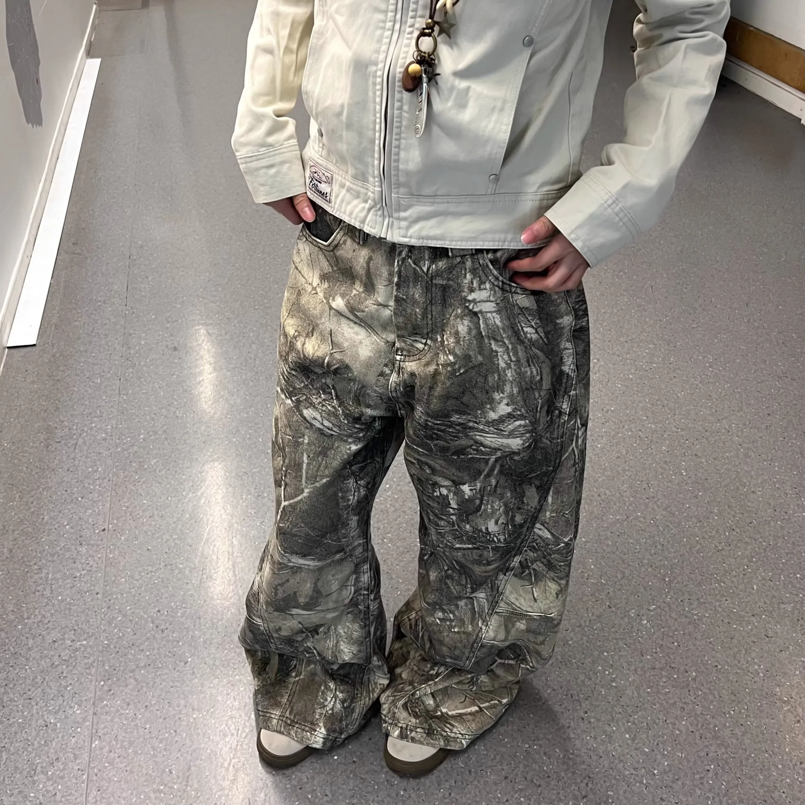 Tree Branch Pattern Printed Jeans For Women Embroidered Denim Pants Loose American Casual Wide Leg Jeans Higigh Waist Trousers