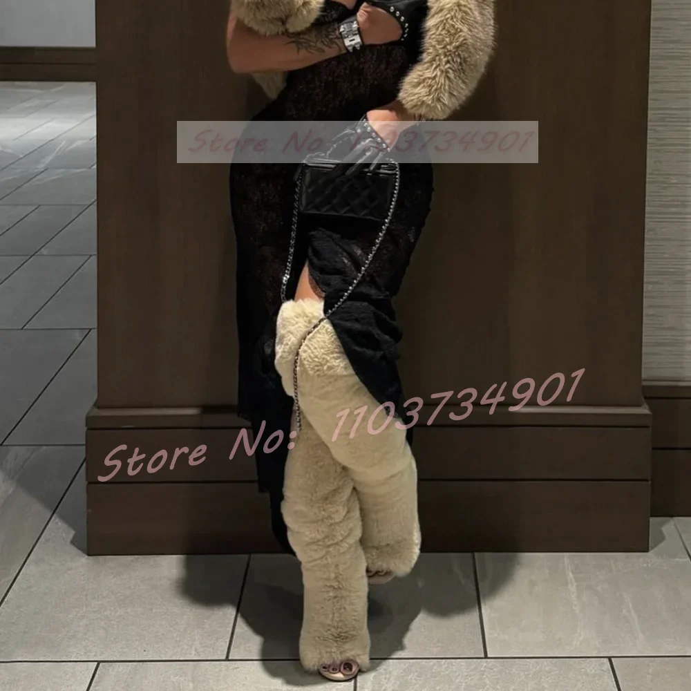 Open Toe Over The Knee Boots Women Big Size Fashion Slip-On Fluffy Fur Warm Comfortable High Heels Shoes Lady Nifty Sexy Boots