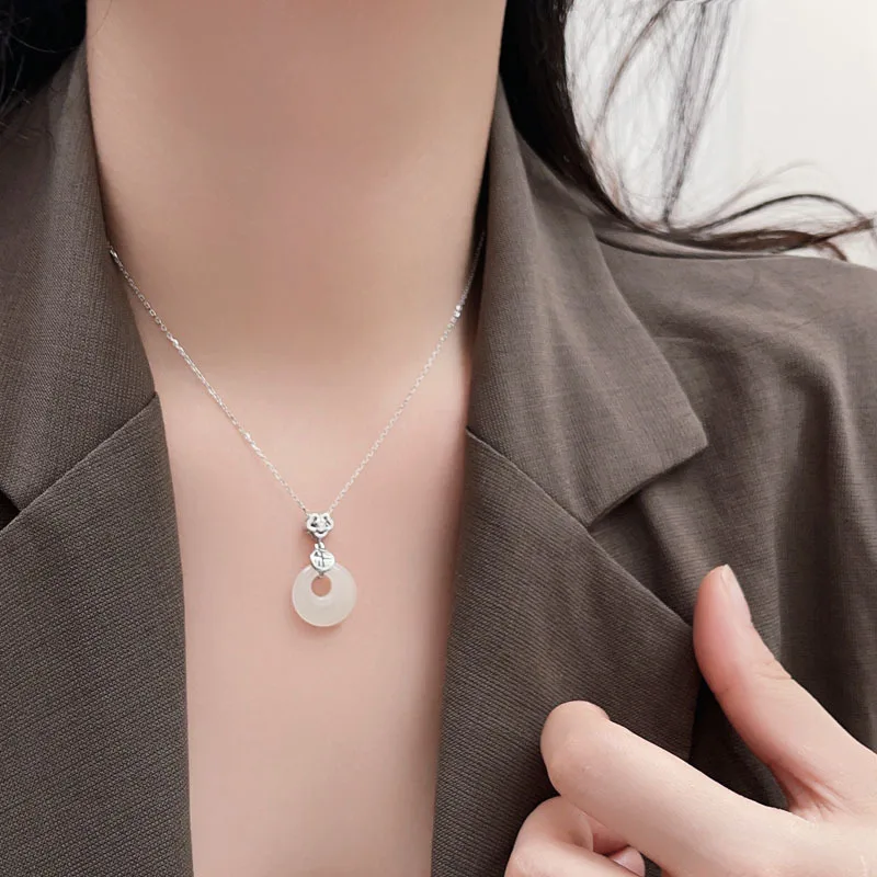 Difengs999Sterling Silver Simple Peace Buckle Hetian Jade Necklace Female Pendant Jade Clavicle Chain New Chinese Style Ornament