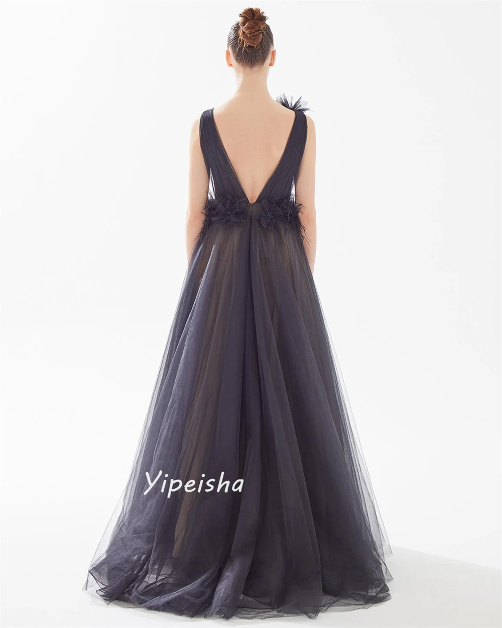 Jiayigong Yipeisha Exquisite Intricate V-neck Ball gown Flower Feathers Beading Draped Open back Net/Tulle es