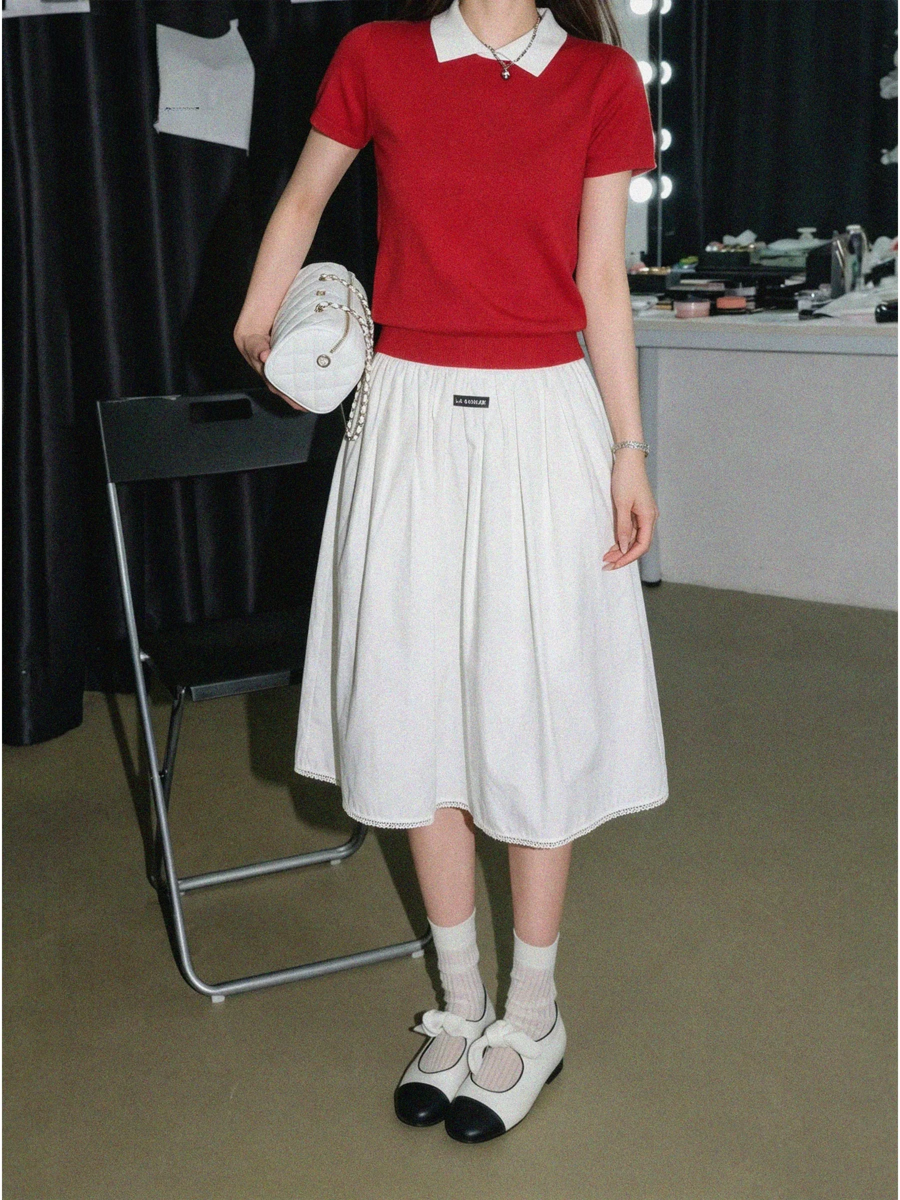 

Casual High Waist Lace Trim Skirt Women's Summer Slimming A-Line Skirt College Style White Floral Print Casual Skirt