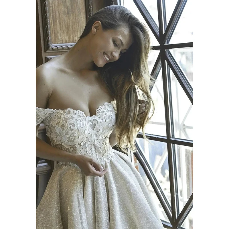 Robe de mariée courte à paillettes, épaules dénudées, corsage en dentelle, en Tulle scintillant, robe d'invitées de mariage personnalisable