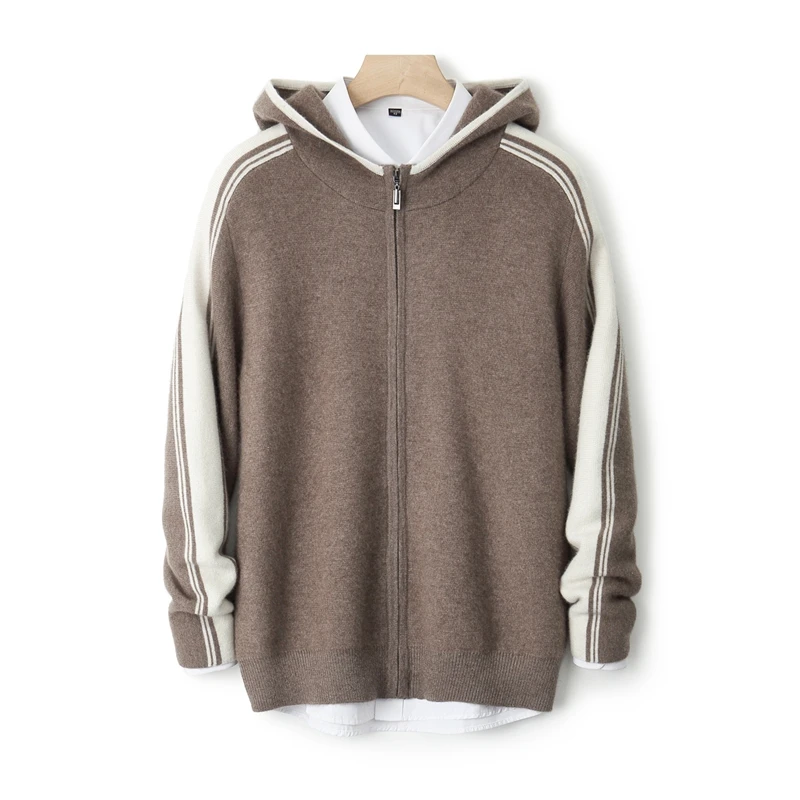 Fashion Men 100% Merino Wool Hooded Cardigan Autumn Winter Thick Warm Cashmere Sweater Casual Zipper Hoodie Youth Soft Coat Top