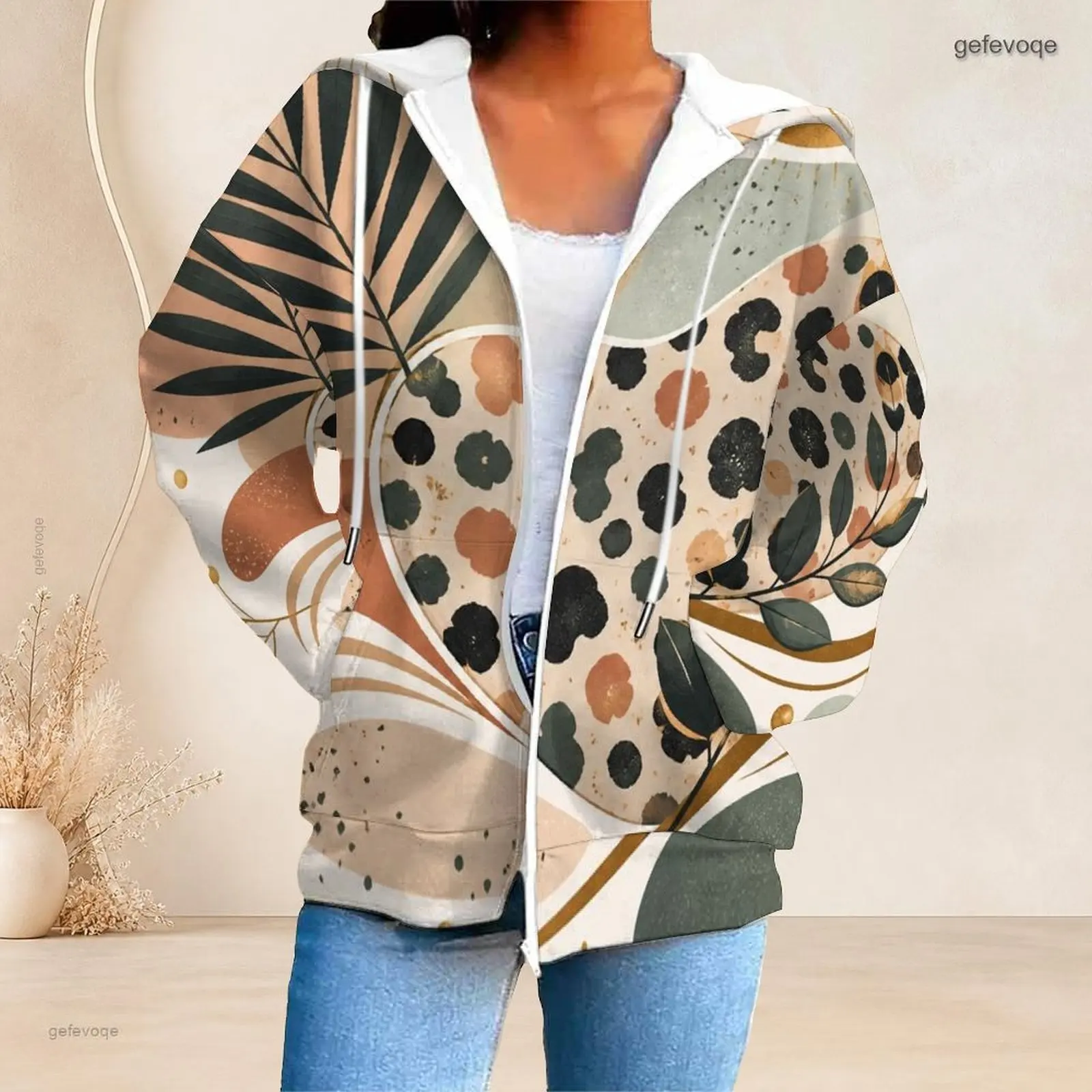 Printed Hoodie for Women Front Zip Long Sleeve Drawstring Hood Pockets
