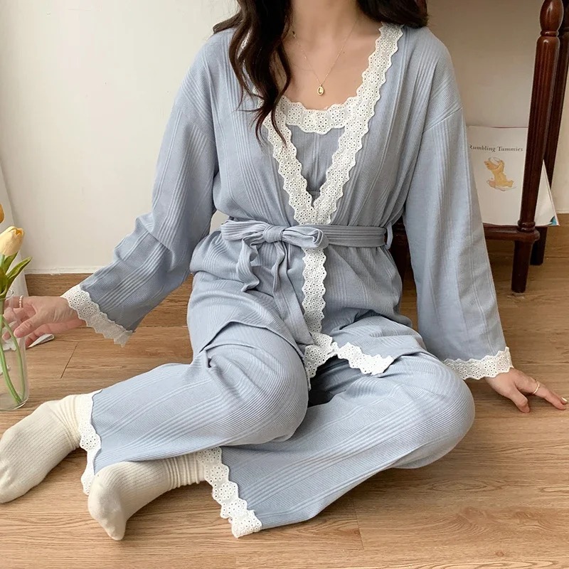 Lace Patchwork Cotton Maternity Nursing Sleepwear Elegant Loose Pajamas Suit for Pregnancy Women Home Sleep Lounge Wear 3PCS Set