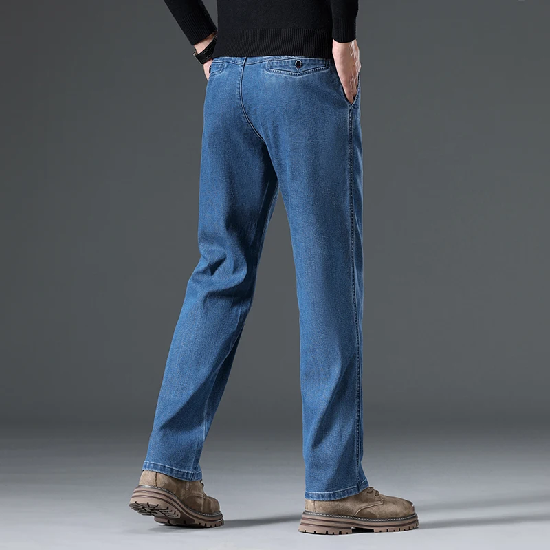 新しいビジネスメンズジーンズカジュアルストレートストレッチファッションクラシックスモークグレーワークデニムパンツメンズブランド服