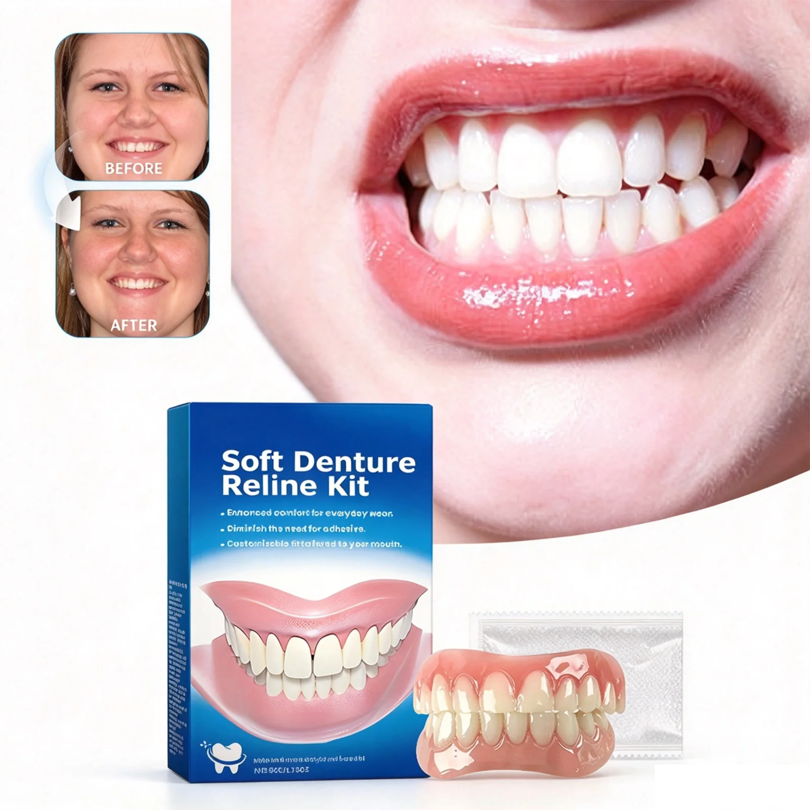 Full Set Natural Dentures Upper Lower Silicone Fake Teeth Braces Comfort Fit Instant Confidence Smile for Men Women Oral Health