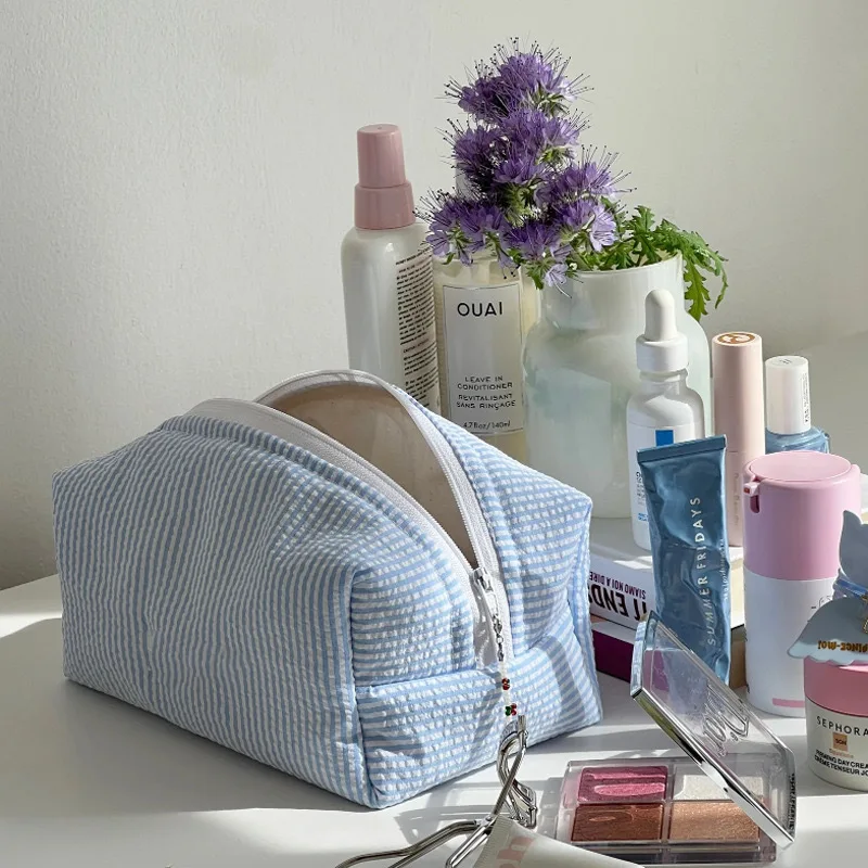 Striped Large Capacity Cosmetic Bag, Soft Cotton Toiletry Organizer, Portable Travel Makeup Pouch