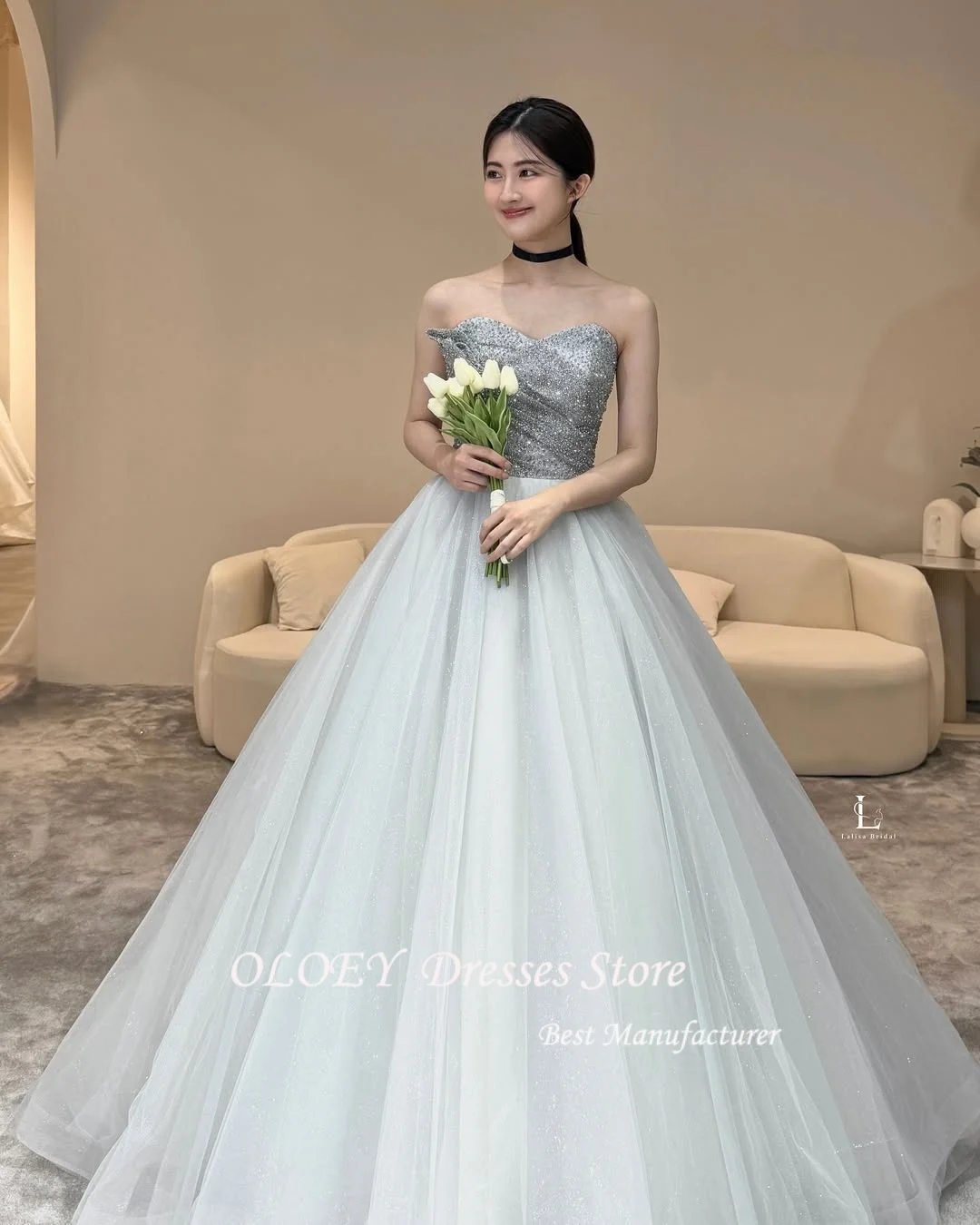 

OLOEY Shining Blue Korea Prom Dresses Sparkly Ball Gown Tulle Sweep Train Photos Shoot Birthday Sleeveless Dress Customized