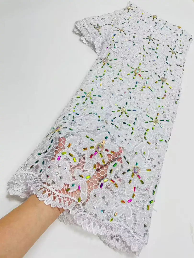 

5 ярдов Новая высококачественная африканская нигерийская вышитая шифоновая кружевная ткань гипюр с 3 камнями из хлопка для женских выпускных платьев Hm332-1