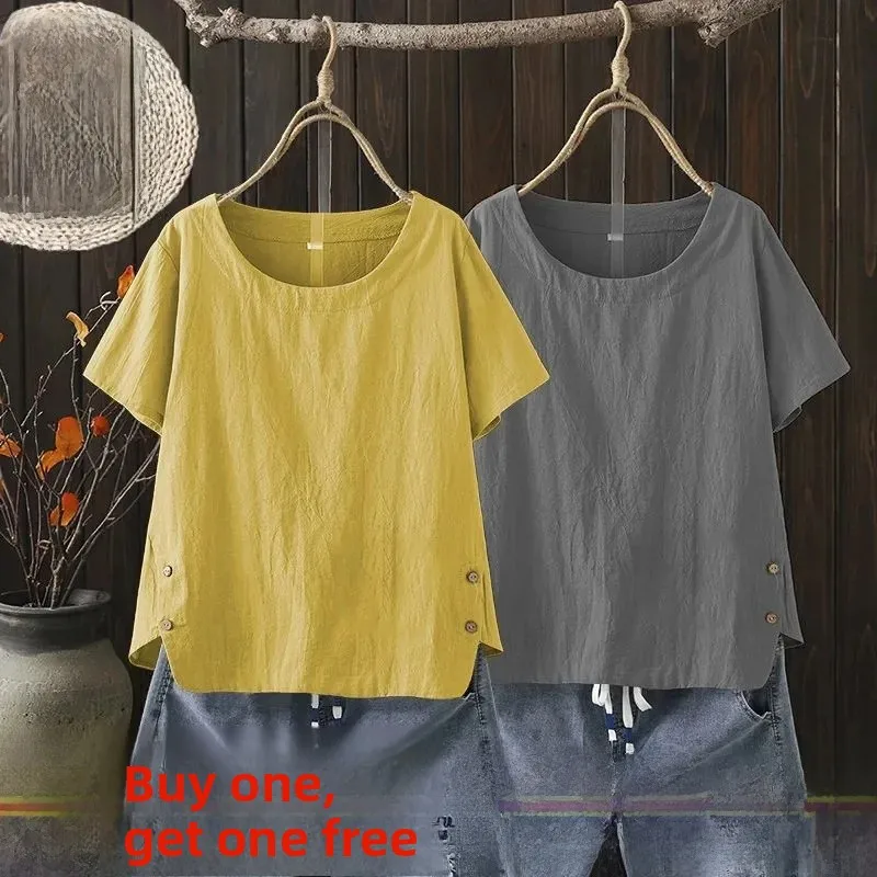 Pure Cotton round Neck Short Sleeve Base Shirt Women's Casual Top Retro Artistic Style Summer Collection Comfortable Fit T-shirt