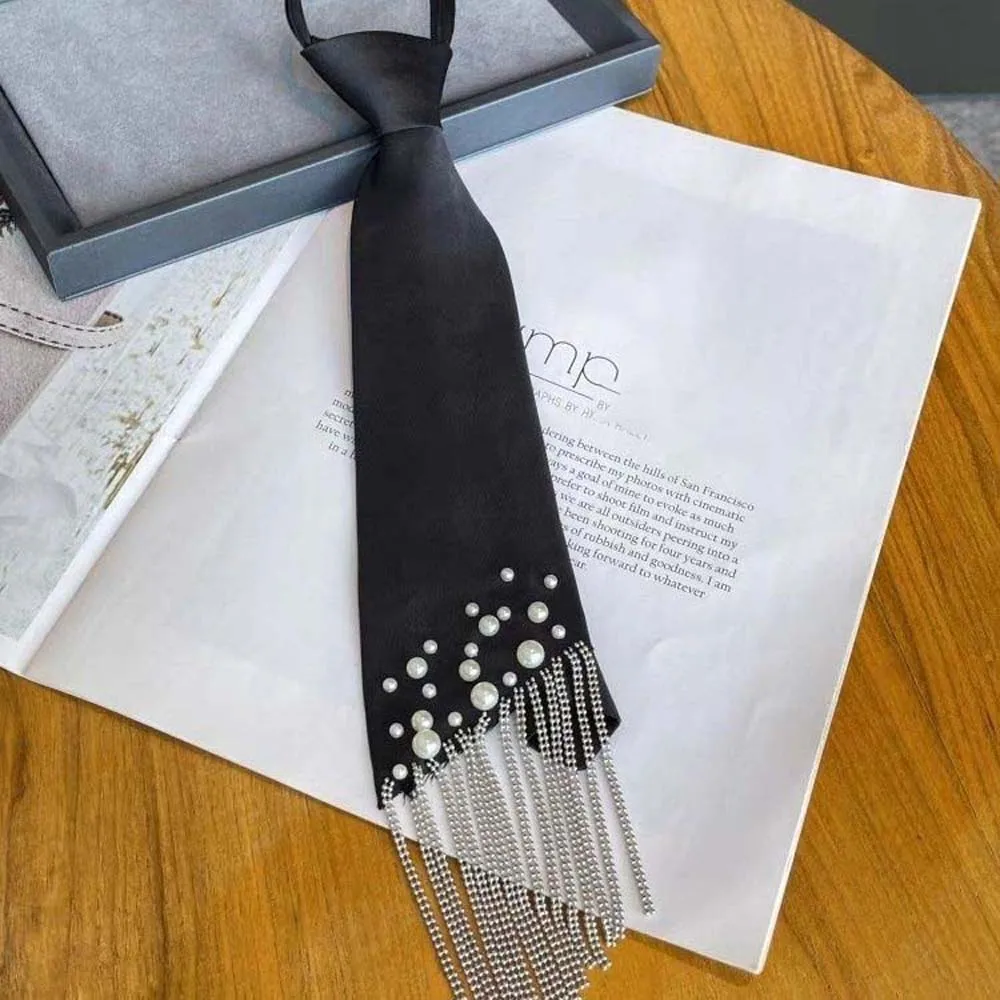 Elegant Korean Style Pearls Tie Black Tassels Hand-beaded Long Necktie Necklace Geometric Decoration Shirt Tie Students