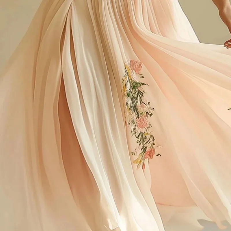 Greenora 2025 Fashion Flare Sleeve Chinese Style Dress Woman New Pattern Printed Long Robe Summer Elegant High Waist V Neck Part