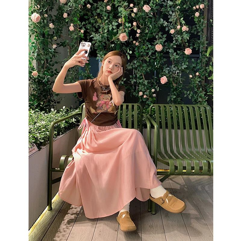 Women T Shirt Korean New Summer Bear Short-sleeved Drawstring Y2k Tops Sweet Cute Casual Versatile Short Tees Female