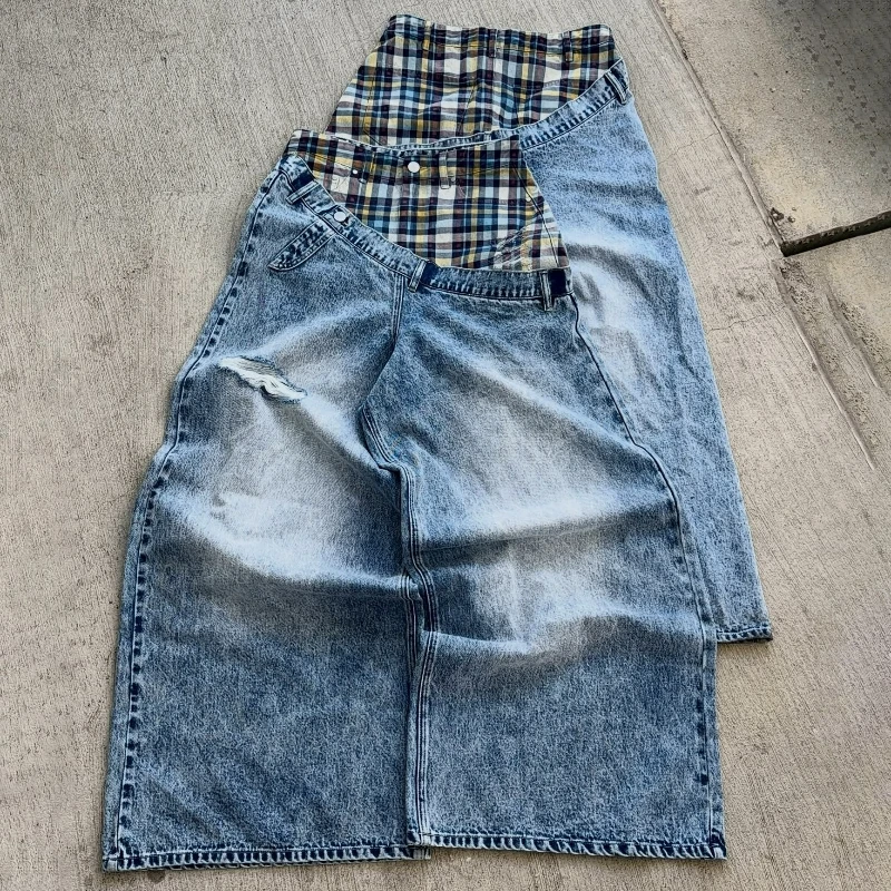 Jeans baggy Y2K à coupe oblique, patchwork à carreaux rétro, pantalon large pour hommes et femmes, streetwear hip-hop américain, jeans décontractés unisexes