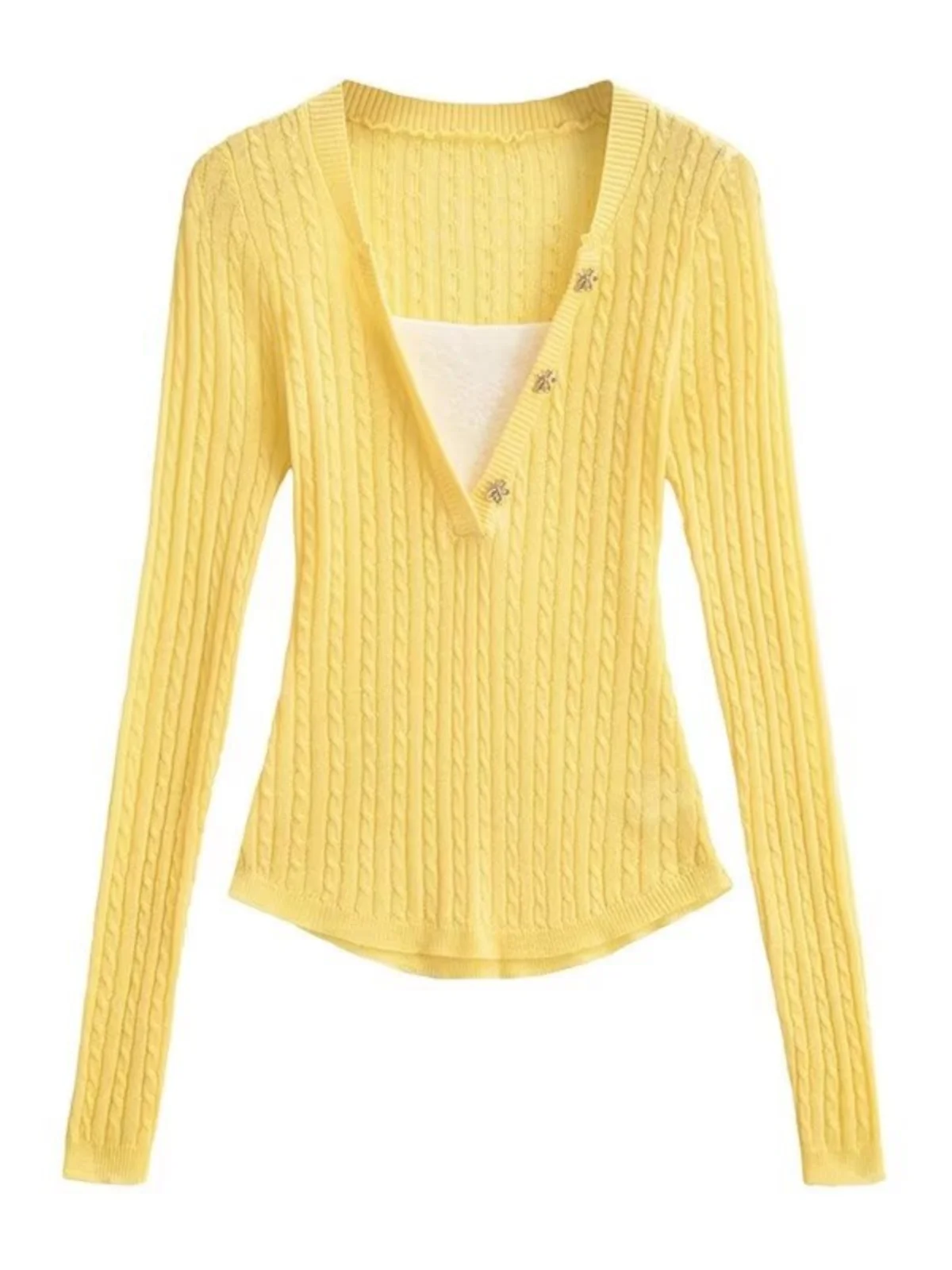 

Romantic Deep V Ne Wool Base irt Color Blo Vintage Flower Button Twist Knitted Thin Women's Top Street Sle Long Sve