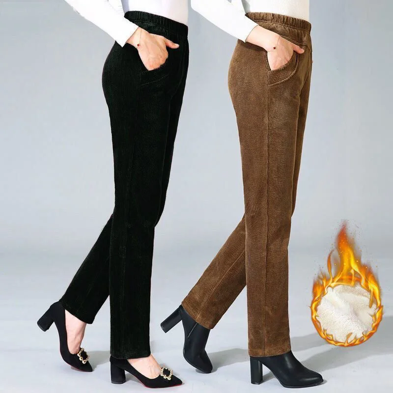 

Straight Trousers For Autumn Winter High Waist Middle-Aged Elderly Mothers Casual Pant Women New Plush Thicken Loose Corduroy