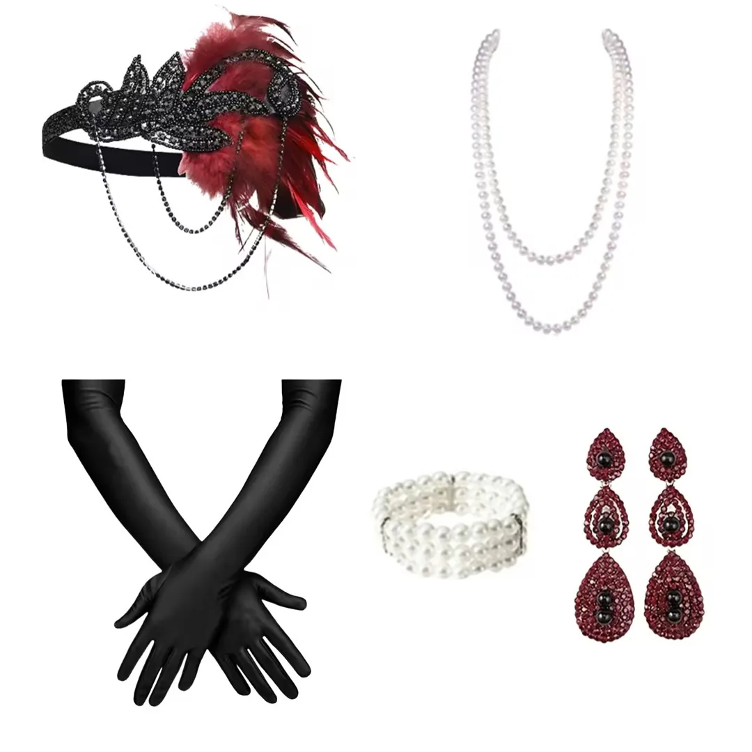 

PESENAR 1920-х годов рок-девушка: повязка на голову с красными перьями, жемчугом и серьгами, идеально подходит для реверительных вечеринок эпохи.