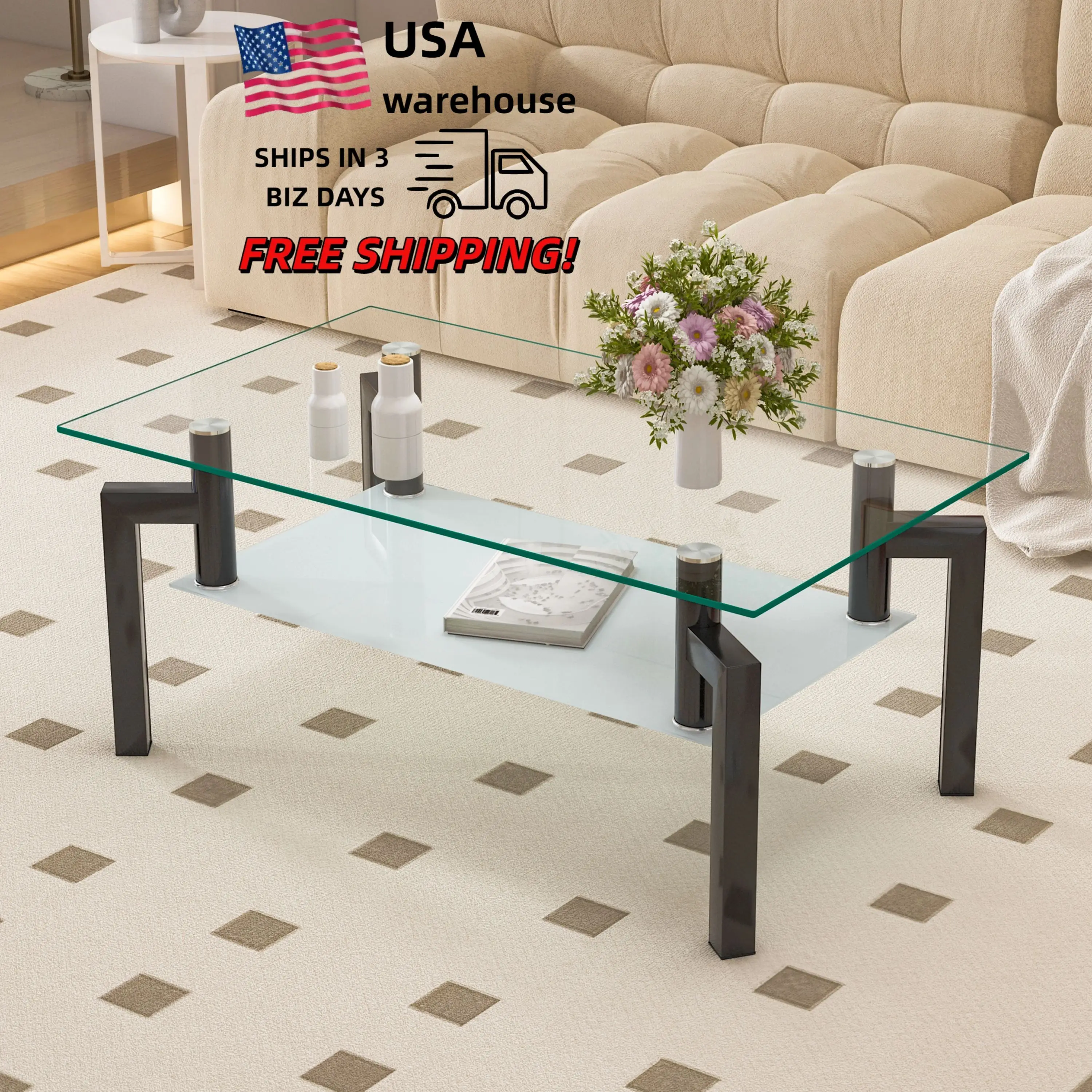 

Rectangle Black Glass Coffee Table with Metal Tube Center Table for Living Room Furniture