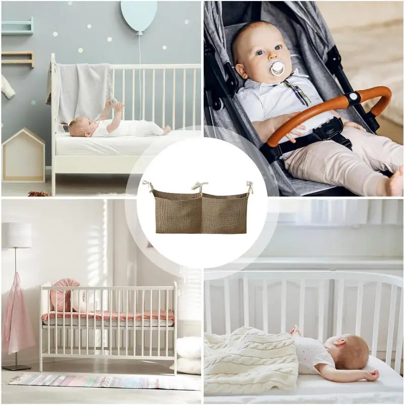 Crib Storage Caddy Nursery Diaper Crib Organizer Portable Bedside Bag Cotton Organizing Bag With 2 Pockets Multiple-Use Baby