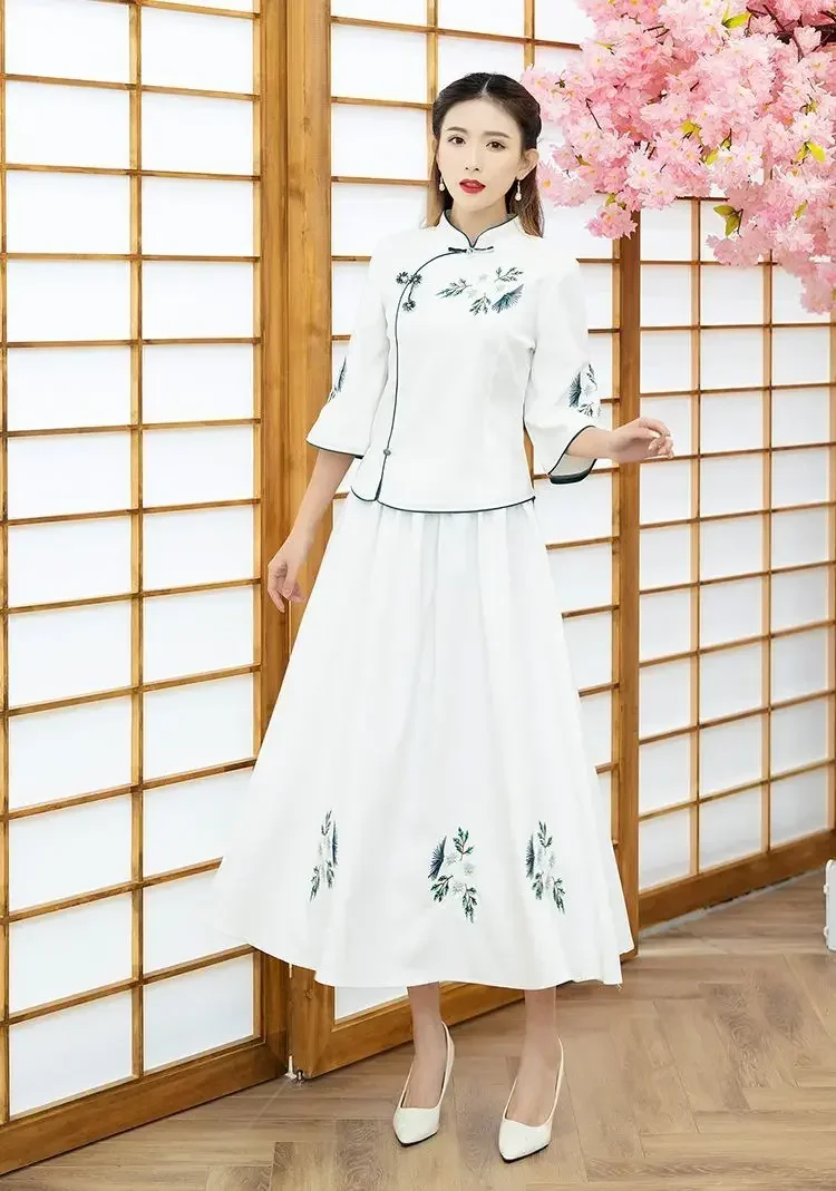 

Yourqipao Chinese Style Embroidered Cotton and Linen Women's Tea Dress Improved Cheongsam Hanfu Top With Elastic Waist Skirt