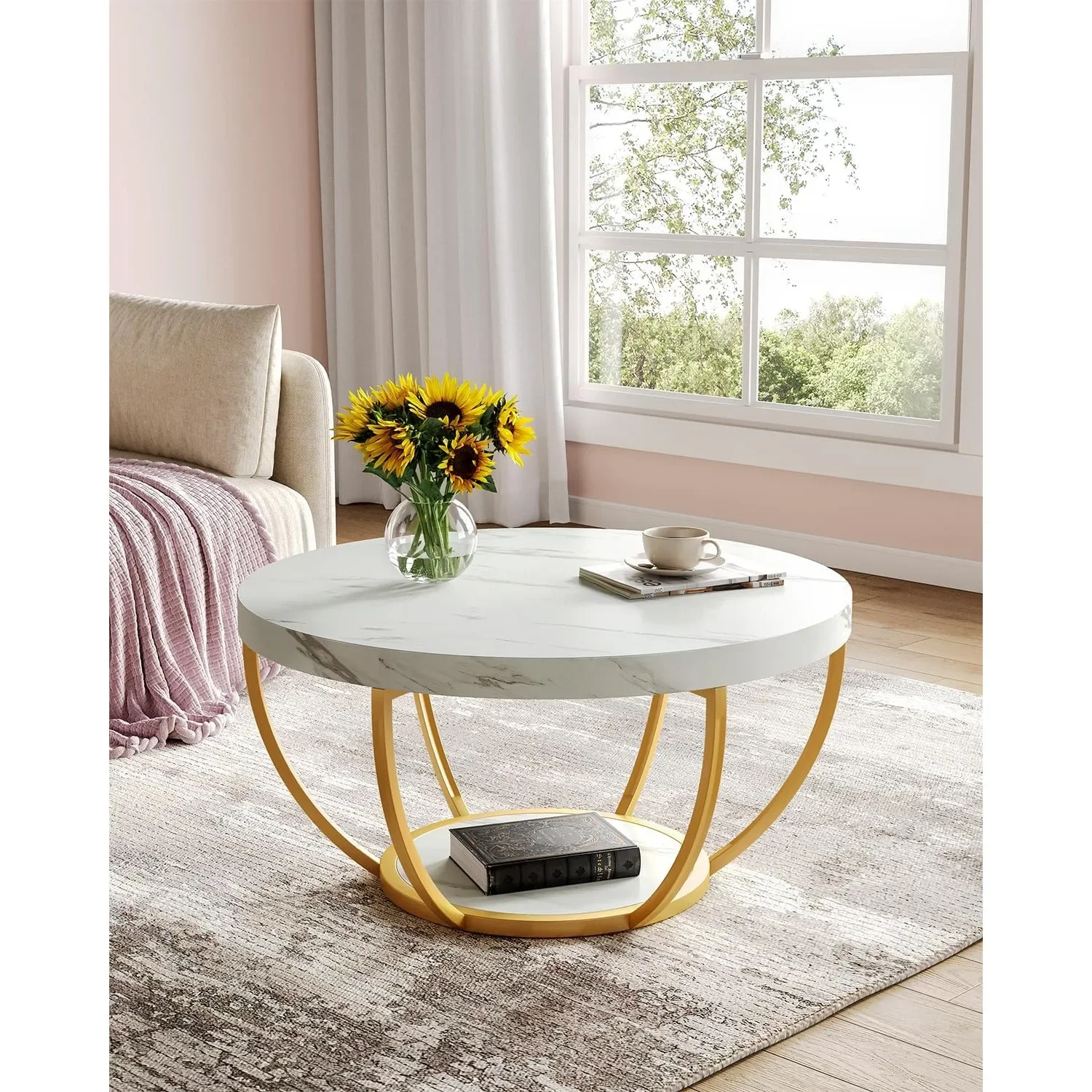 

Z 32" Circle Marble Coffee Table 2-Tier Golden Metal Legs Accent Center Table With Open Storage Modern Design Home FurnitureZ