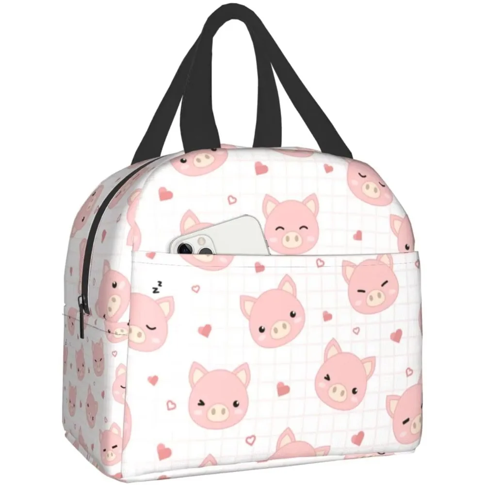 

Cute Pig with Grid and Heart Cooler Lunch Box Portable Insulated Canvas Lunch Bag Thermal Food Picnic Lunch Bags for Women Kids