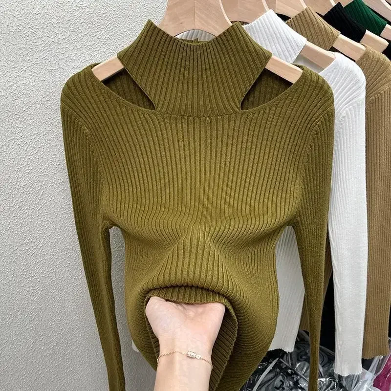 Blusa elegante de punto para mujer, jerséis ahuecados, Sexy, ropa coreana para mujer, camisa de fondo de manga completa sólida, Otoño e Invierno