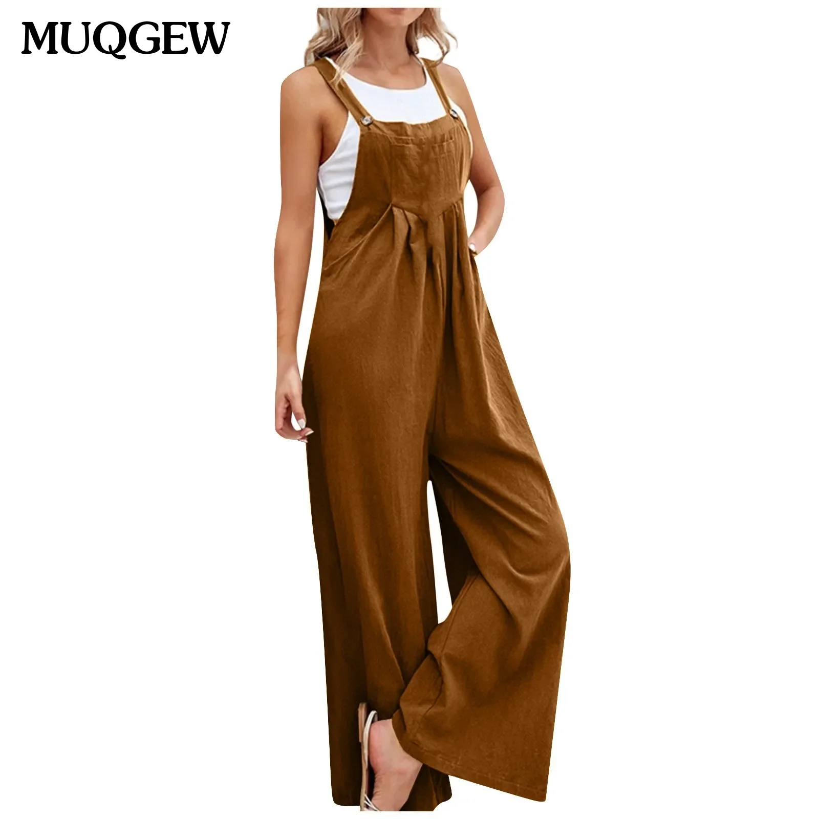 

Summer Women Rompers Loose Sleeveless Pleated Jumpsuit Casual Solid Square Neck Overalls Trousers Female Wide Leg Pants