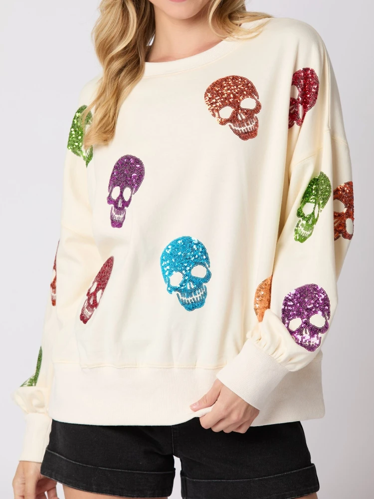 

2025 Halloween Autumn Winter Women Hoodie Skull Print Loose Casual Sweatshirt Party Tops