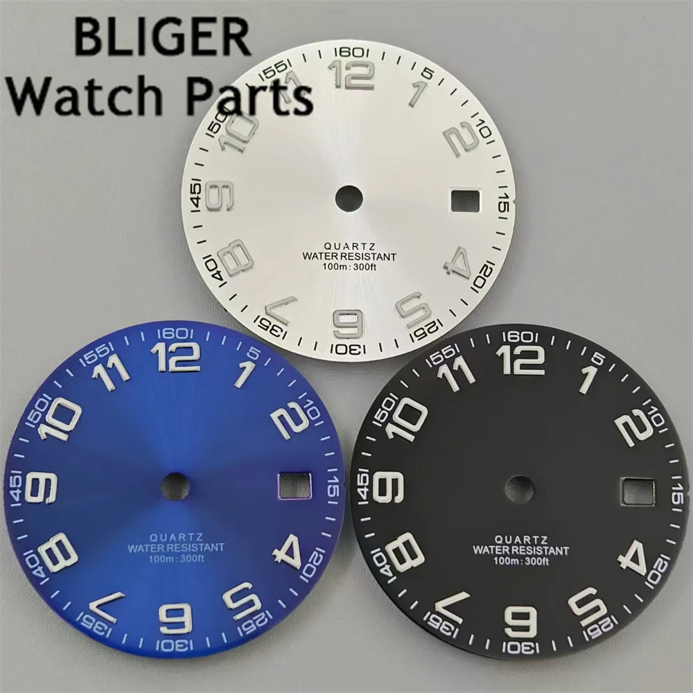 BLIGER 29mm Quartz Watch Dial Black White Blue Dial Green Luminous Fit RONDA 515 Quartz Movement